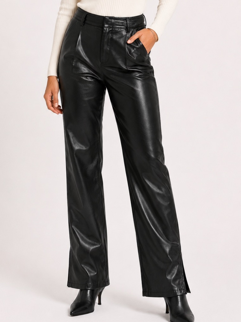 Black Faux Leather Straight Leg Pants Side Slit High Rise Missguided US 6